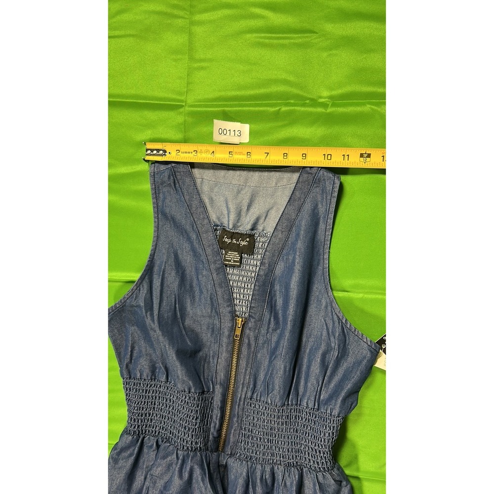 Step In Style Denim Look Chambray Midi Jumpsuit Smocked Waist Blue M - Picture 9 of 11